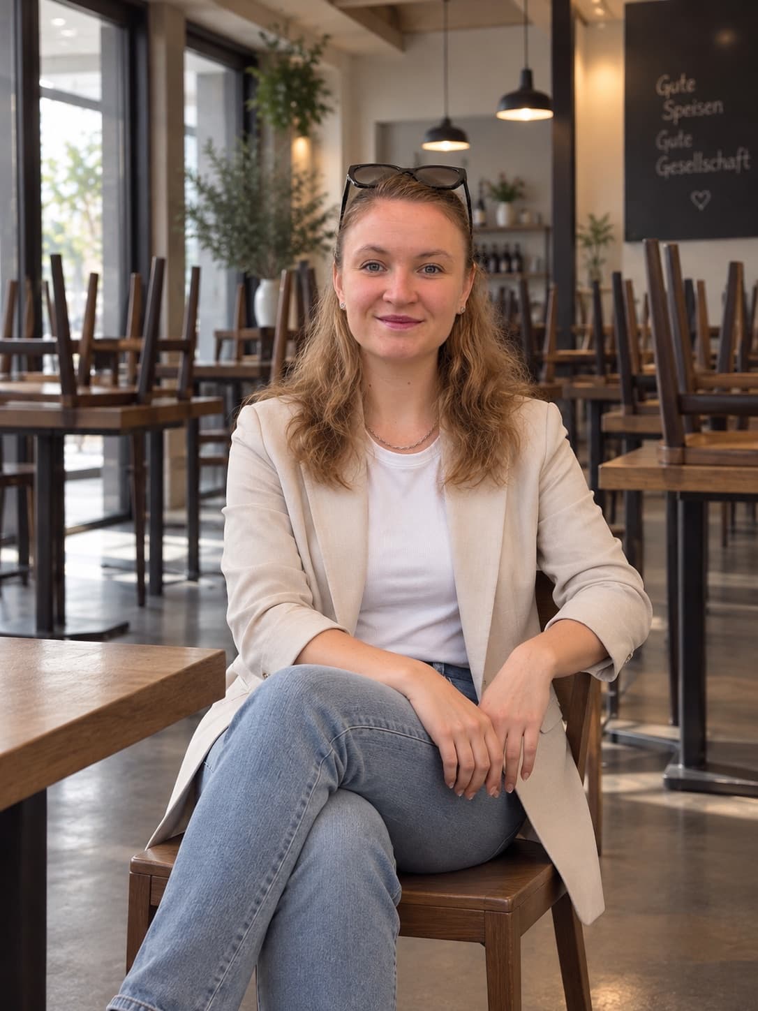 Charis Schoppe sitzt im leeren Gastraum eines Restaurants